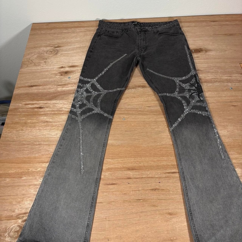 Kloud9 Black gray ombré denim jeans with embellished spider web design  Size 34